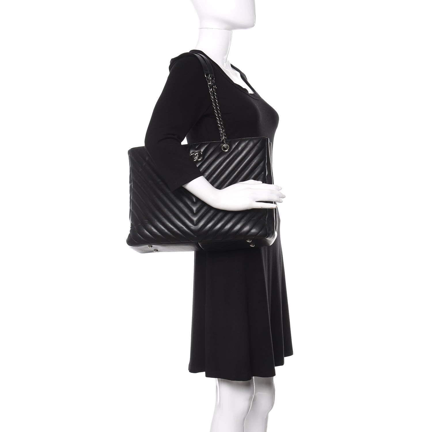 Chanel Caviar Chevron Quilted Large Shopping Tote Black 2 of 10