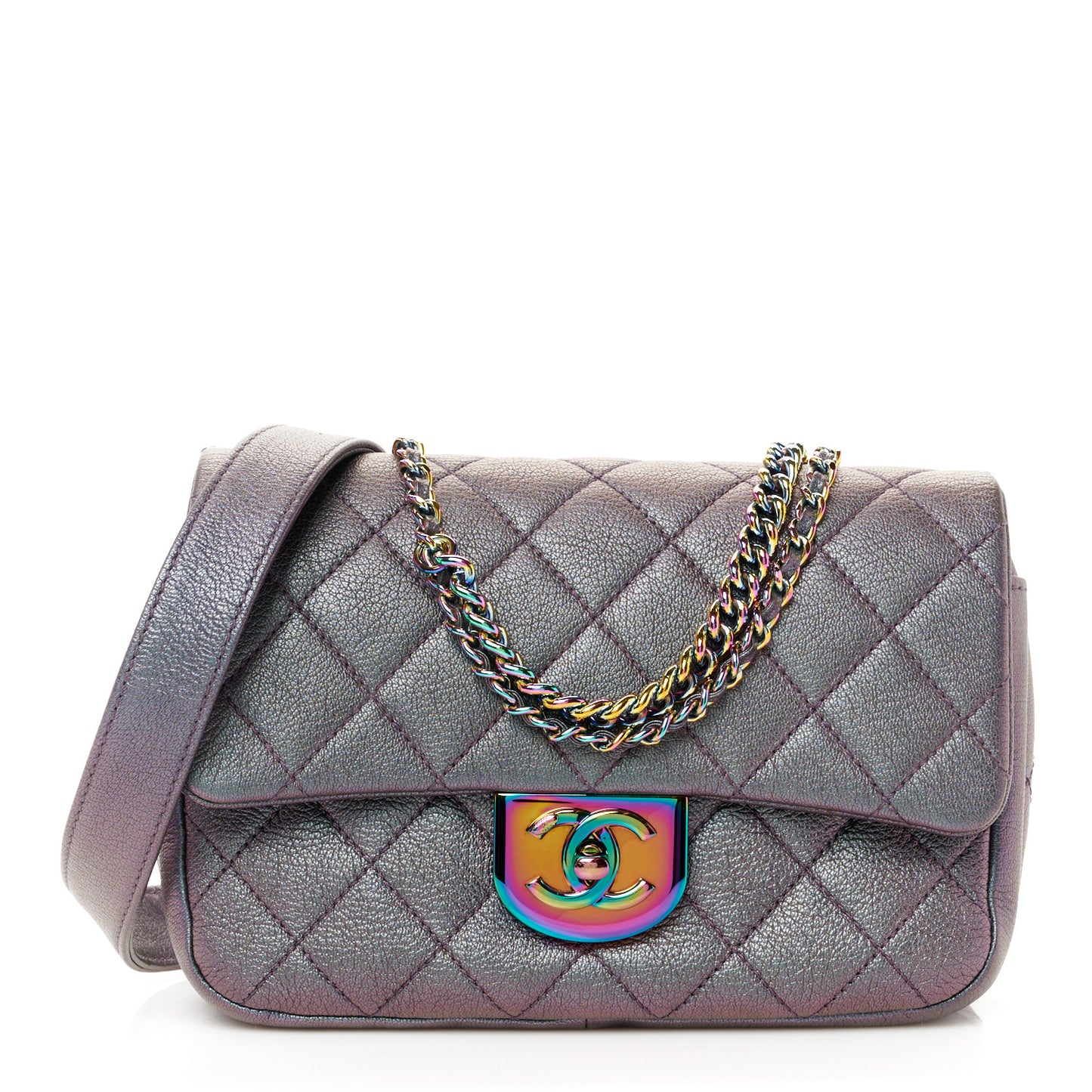Iridescent Goatskin Quilted Small Double Carry Waist Chain Flap Purple