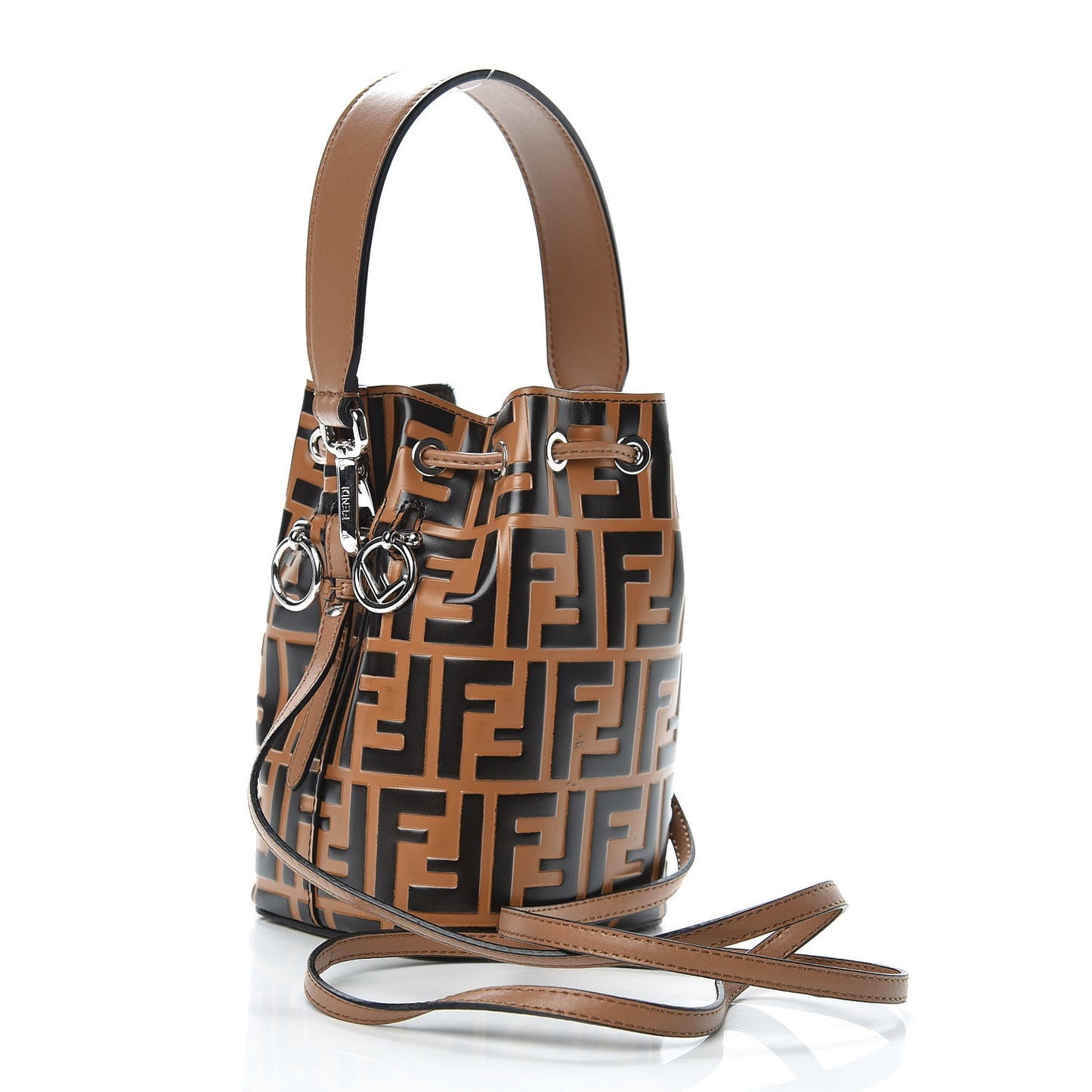 Vitello Liberty F is Fendi FF Embossed Mini Mon Tresor Bucket Bag Tobacco Black