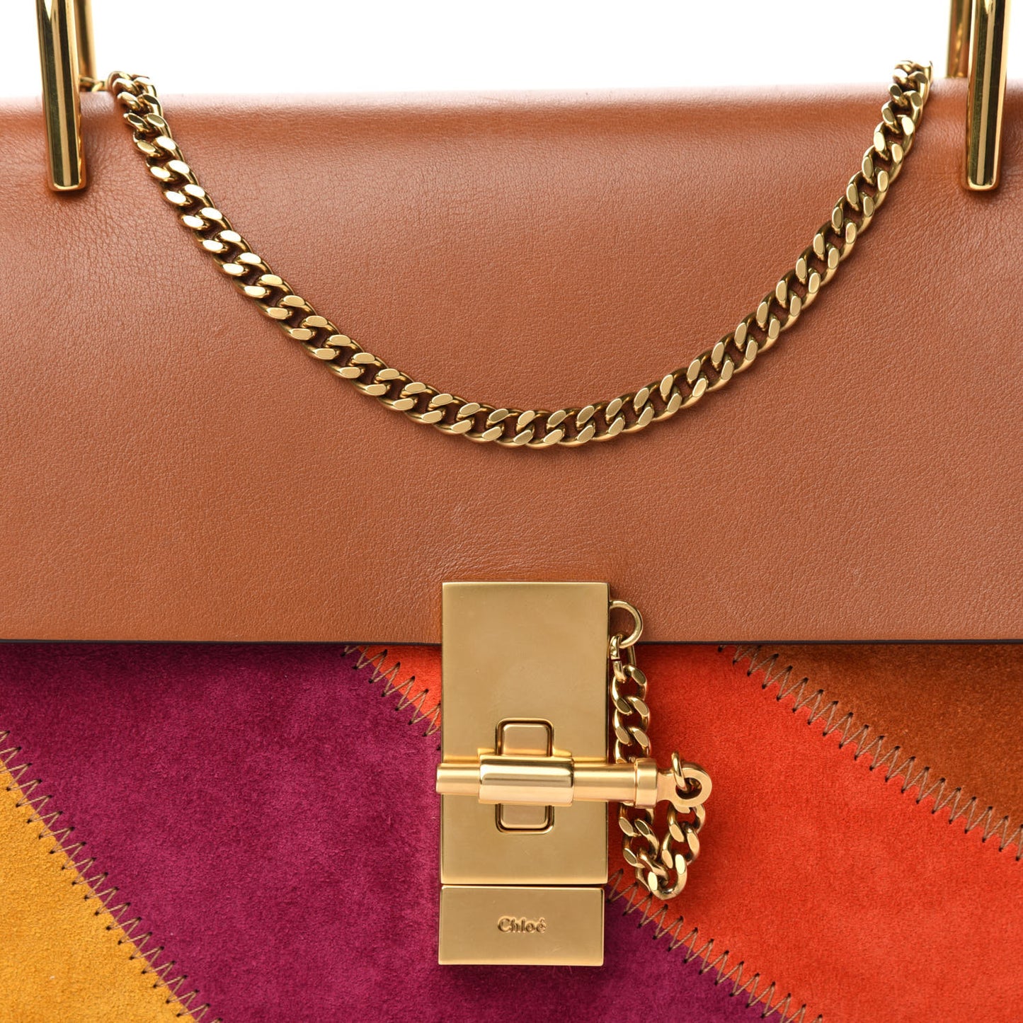 Calfskin Suede Rainbow Patchwork Drew Shoulder Bag Caramel