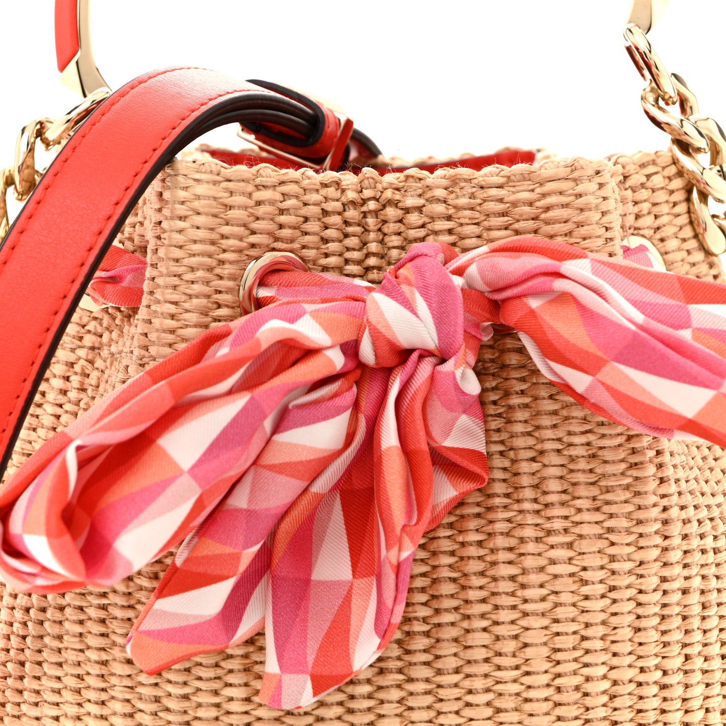 Raffia Bon Bon Bow Bucket Bag Natural Paprika Candy Pink Multicolor