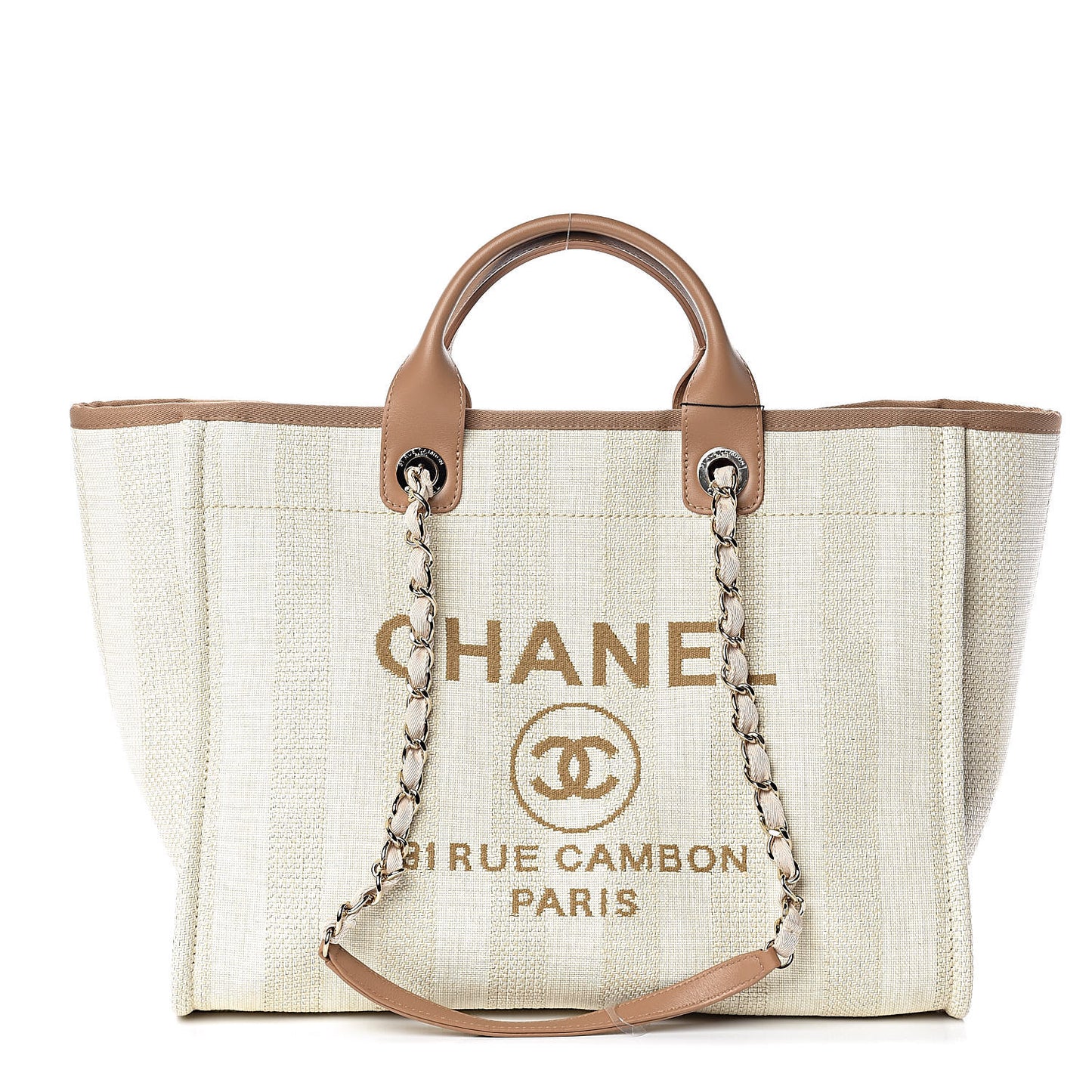 Straw Raffia Calfskin Striped Large Deauville Tote Beige