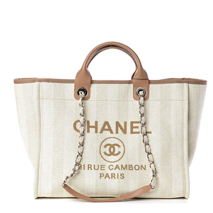 Chanel Straw Raffia Calfskin Striped Large Deauville Tote Beige 1 of 11