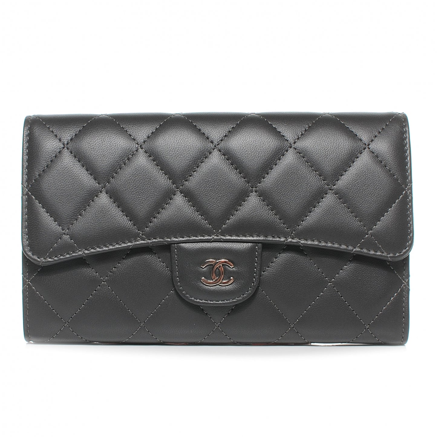 Lambskin Quilted Large Flap Wallet Dark Grey