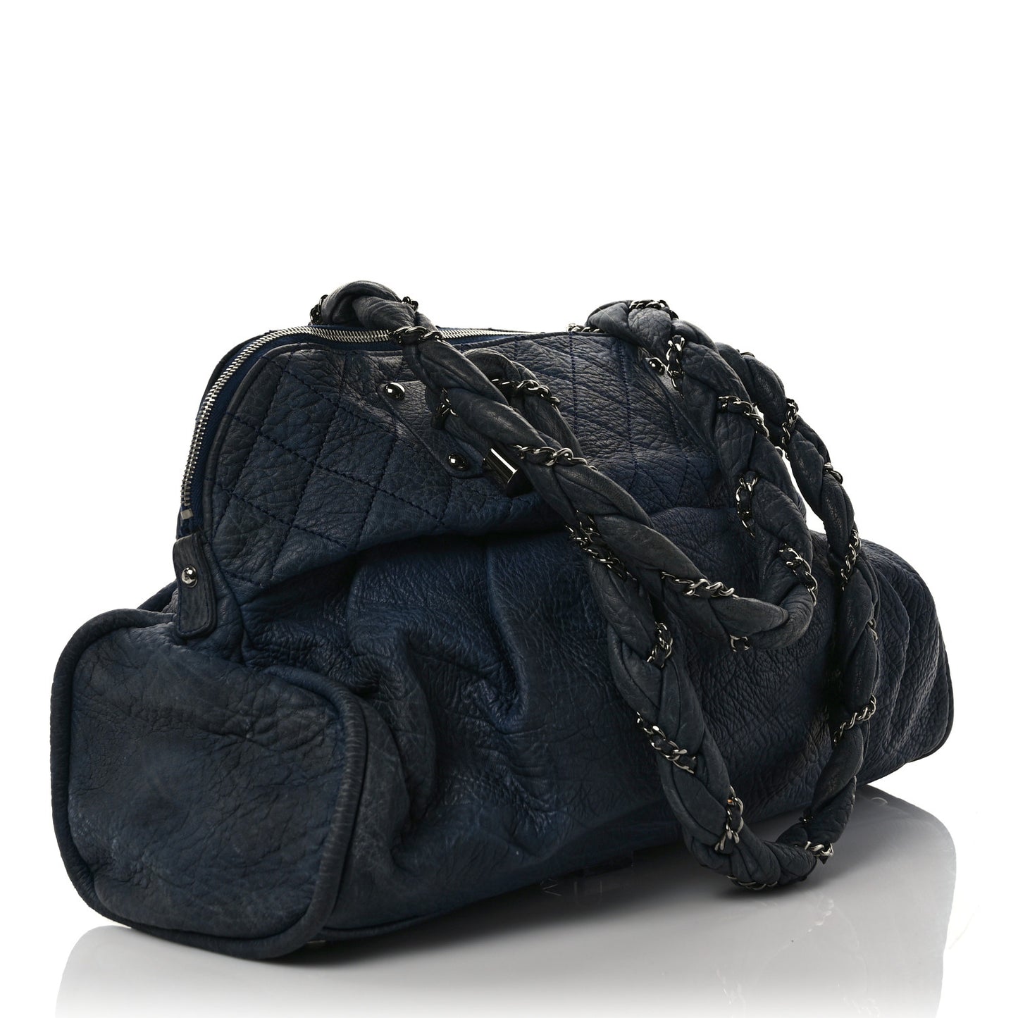 Distressed Lambskin Lady Braid Large Satchel Dark Blue