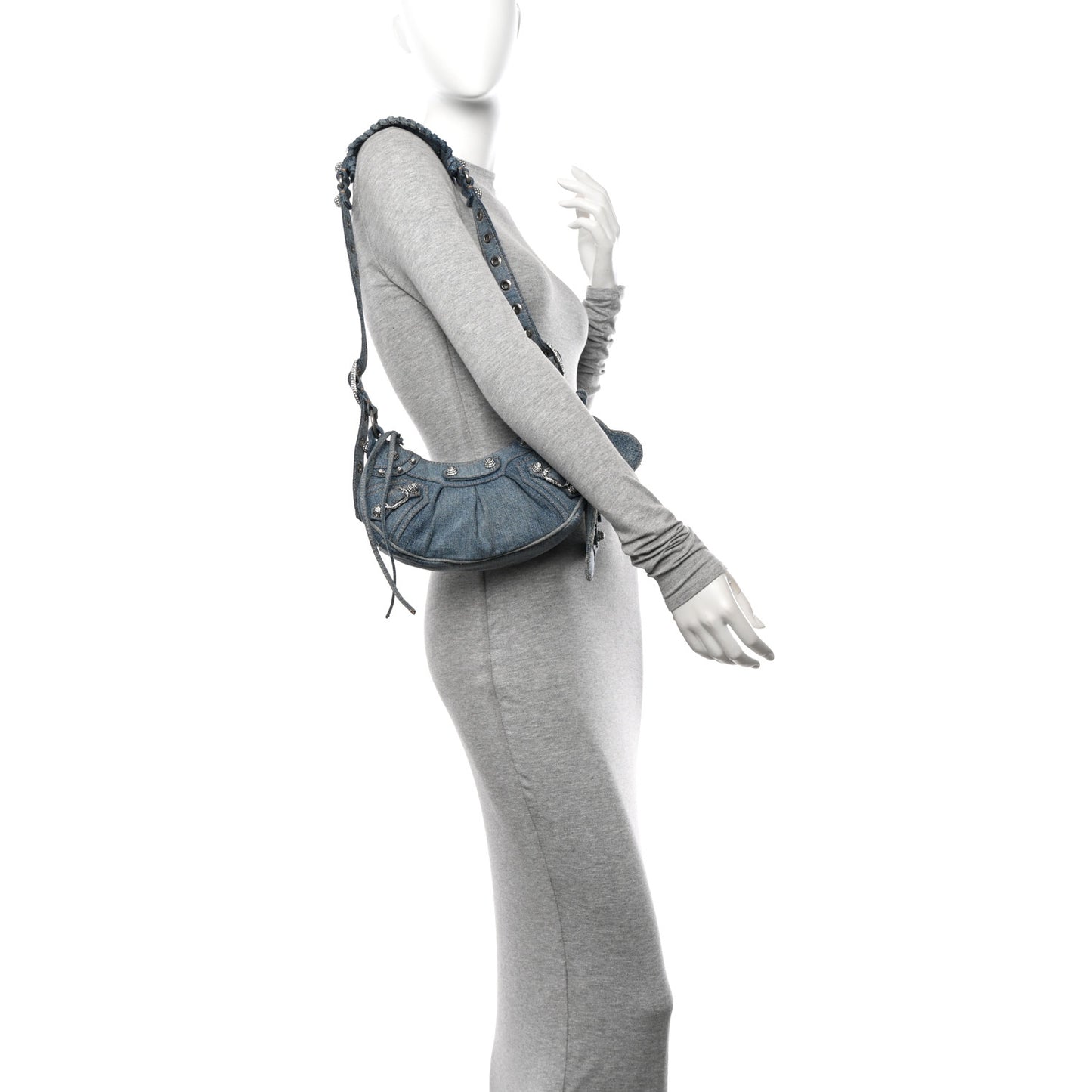Washed Frayed Denim Crystal Le Cagole Shoulder Bag XS Blue