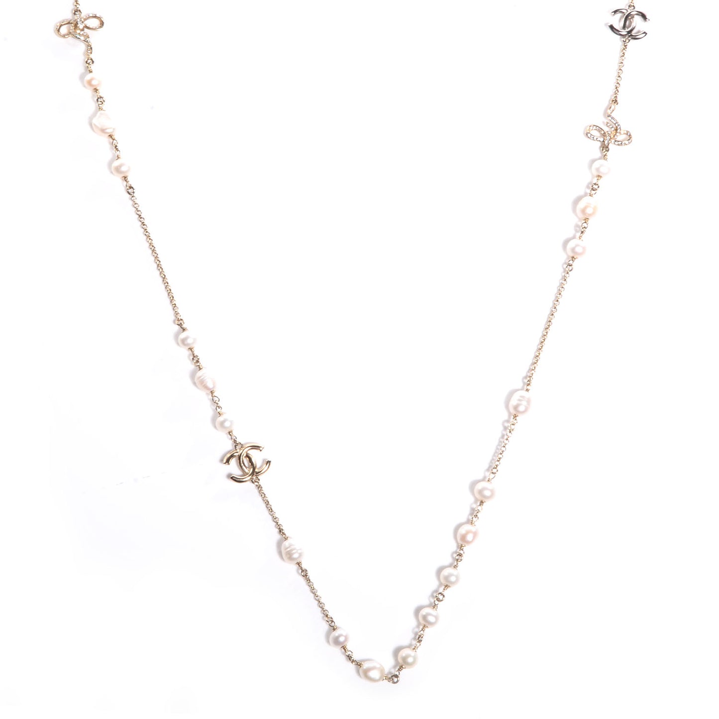 Crystal Pearl CC Bow Long Necklace Light Gold