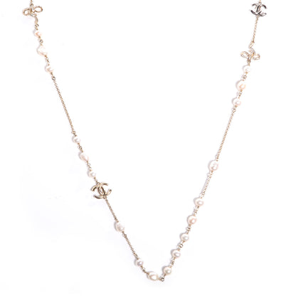Chanel Crystal Pearl CC Bow Long Necklace Light Gold 1 of 6