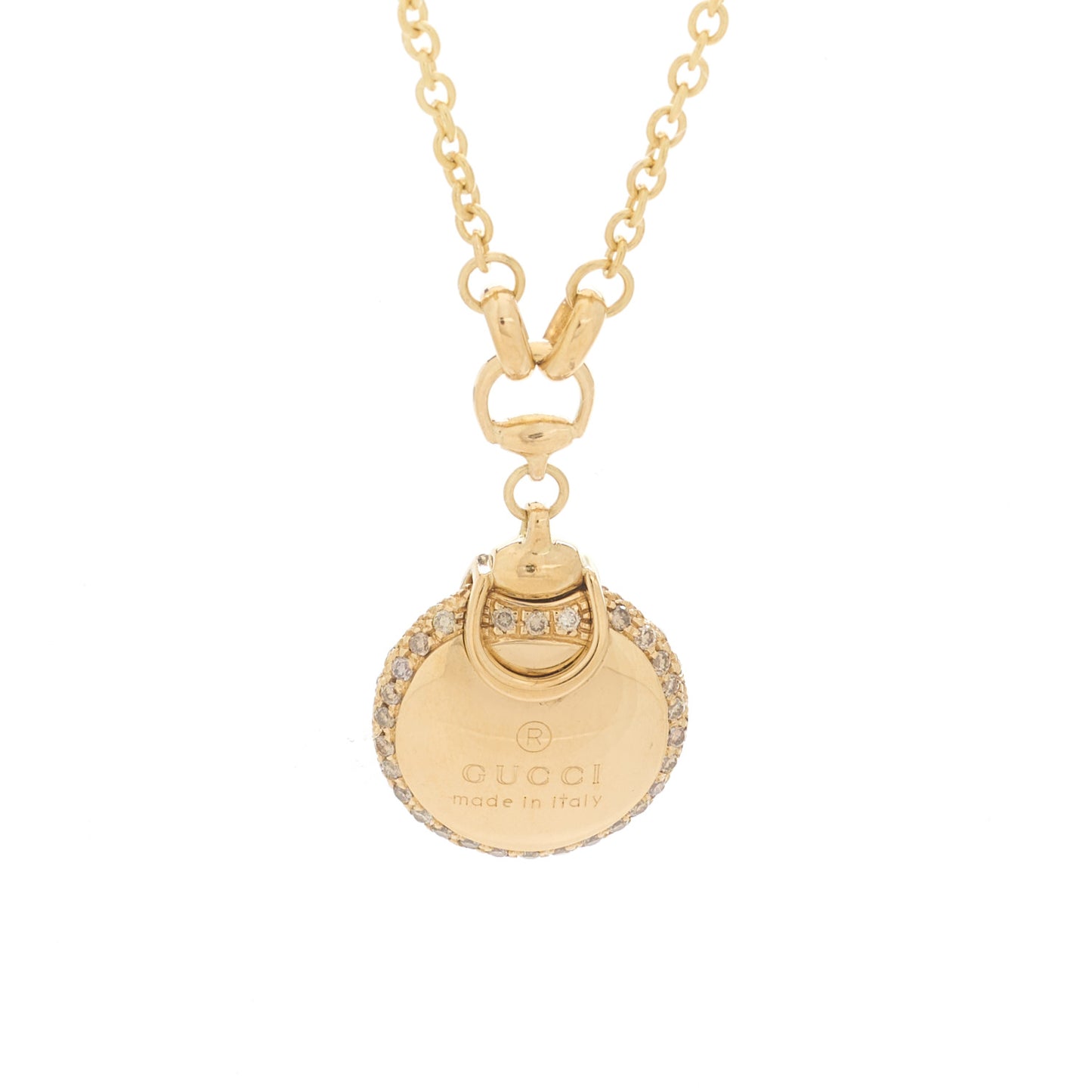18K Yellow Gold Diamond Horsebit Round Pendant Necklace