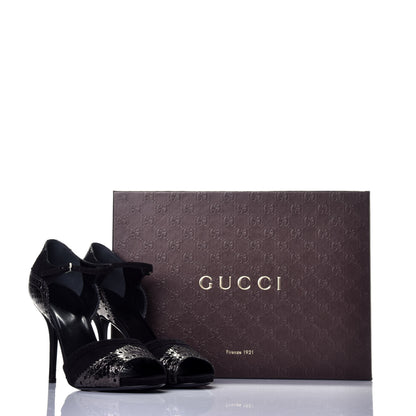 Gucci Laminated Snakeskin Kid Scamosciato Ankle Strap Peep Toe Pumps 38.5 Anthracite Black 8 of 8