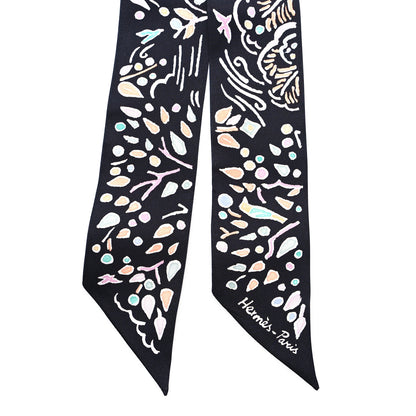 Hermes Silk Isola Di Primavera Twilly Black Vert Rose 2 of 3