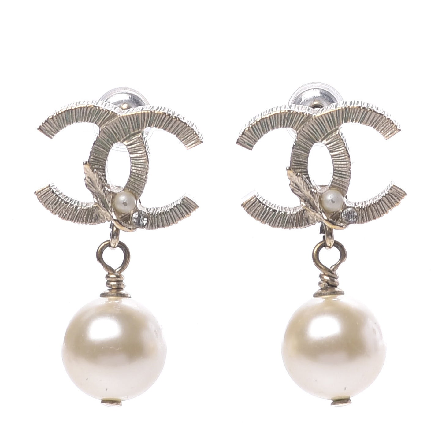 Crystal Pearl CC Drop Leaf Earrings Gold