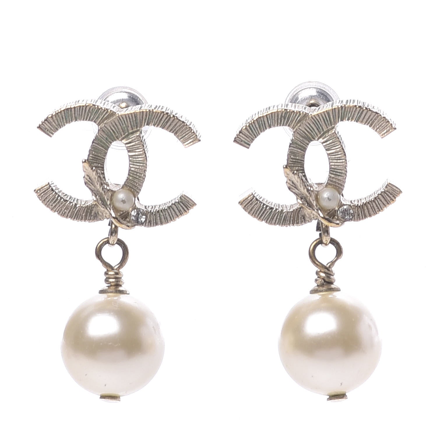 Chanel Crystal Pearl CC Drop Leaf Earrings Gold 1 of 7
