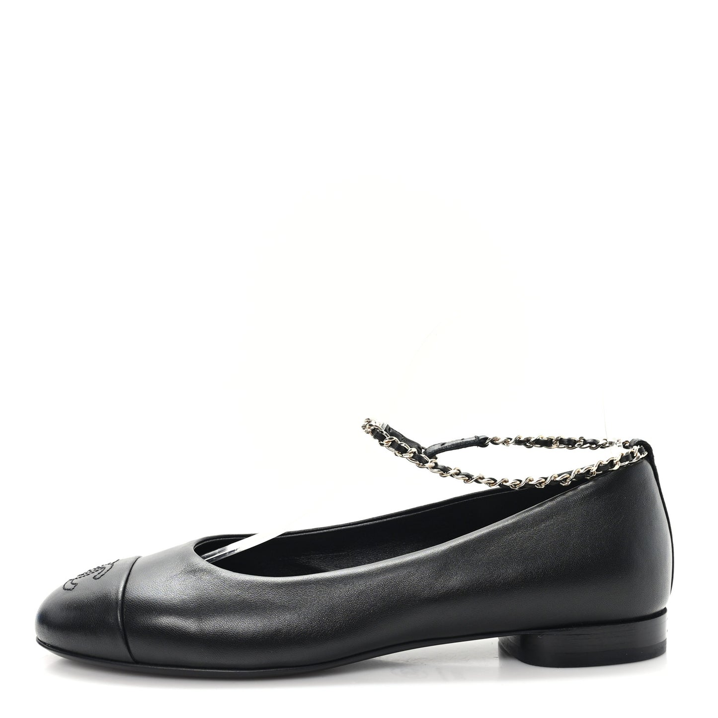 Lambskin Cap Toe CC Ankle Chain Ballerina Flats 36.5 Black