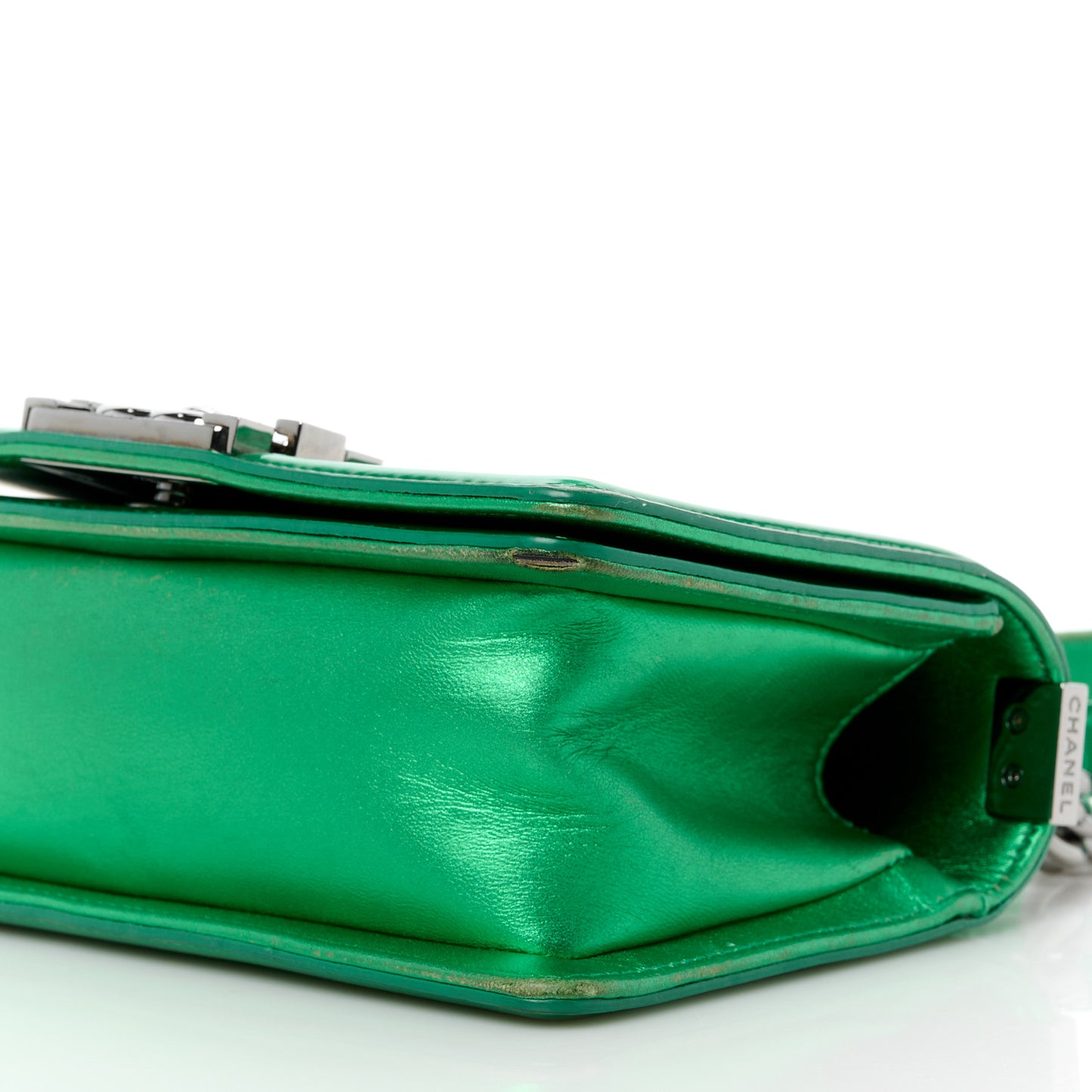 Metallic Patent Calfskin Quilted Small Boy Flap Green