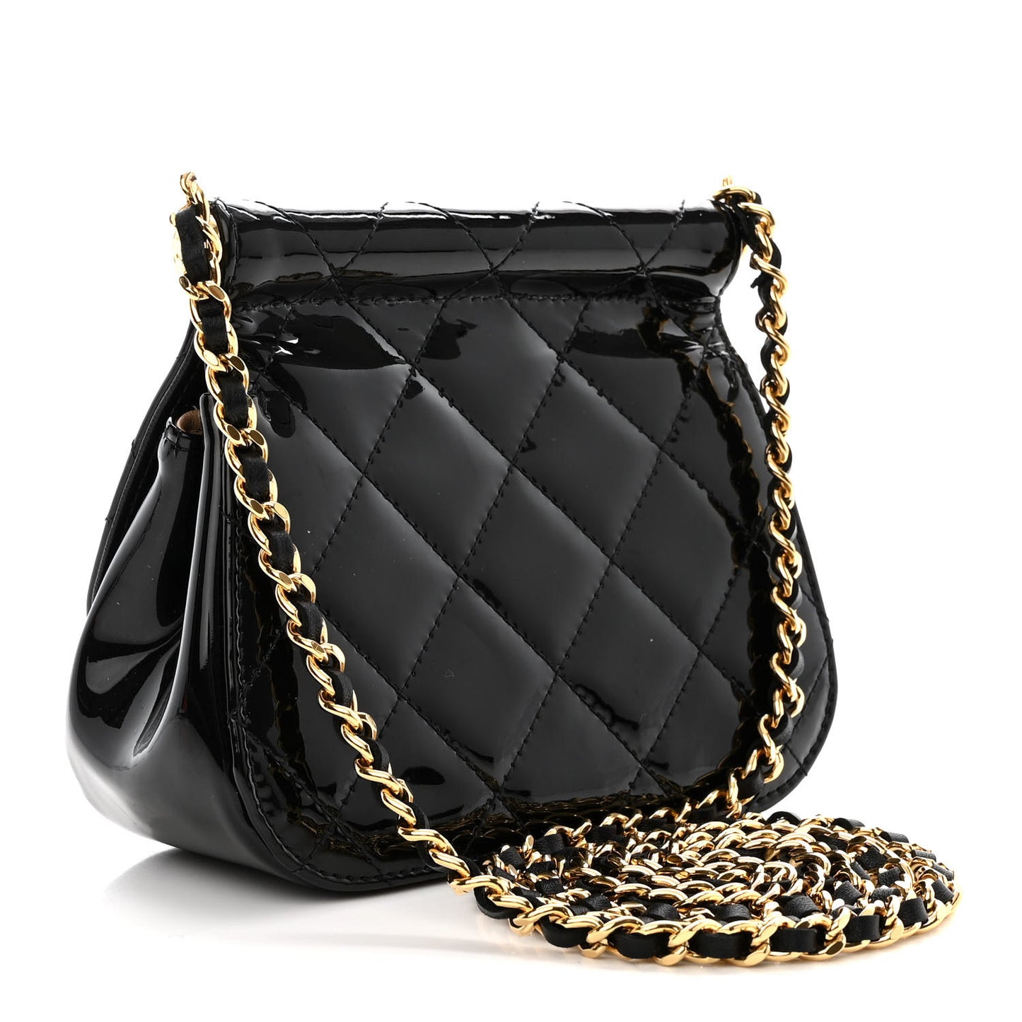 Patent Quilted Frame Clutch Flap With Chain Black