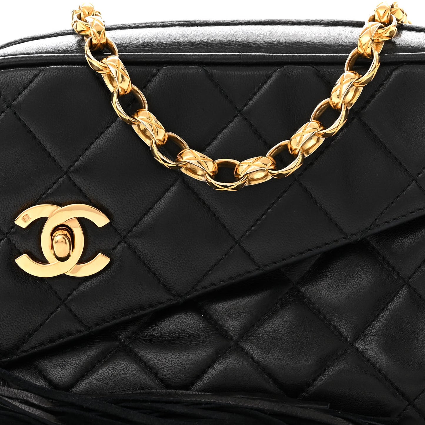 Lambskin Quilted Tassel Flap Camera Case Black