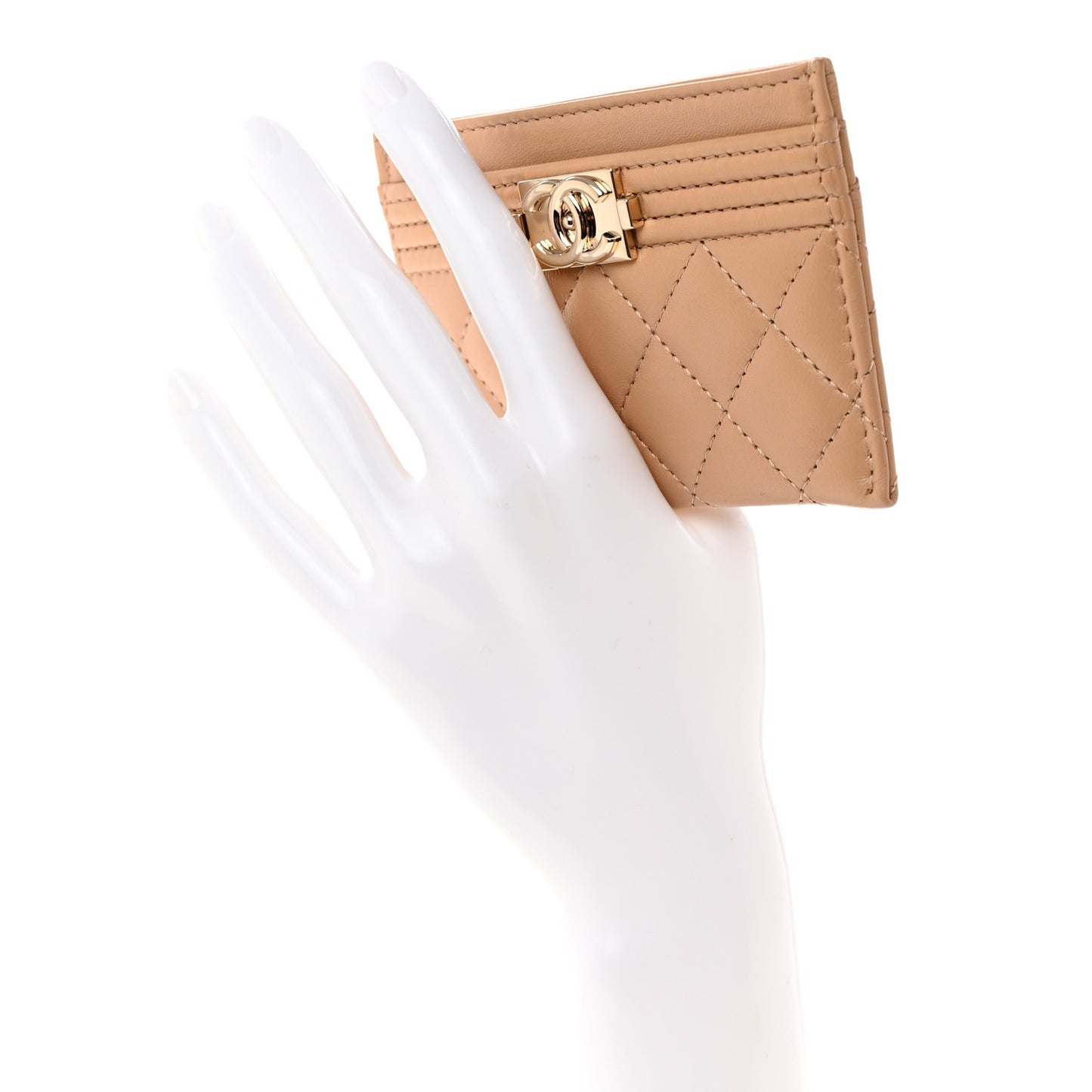 Lambskin Quilted Boy Card Holder Beige
