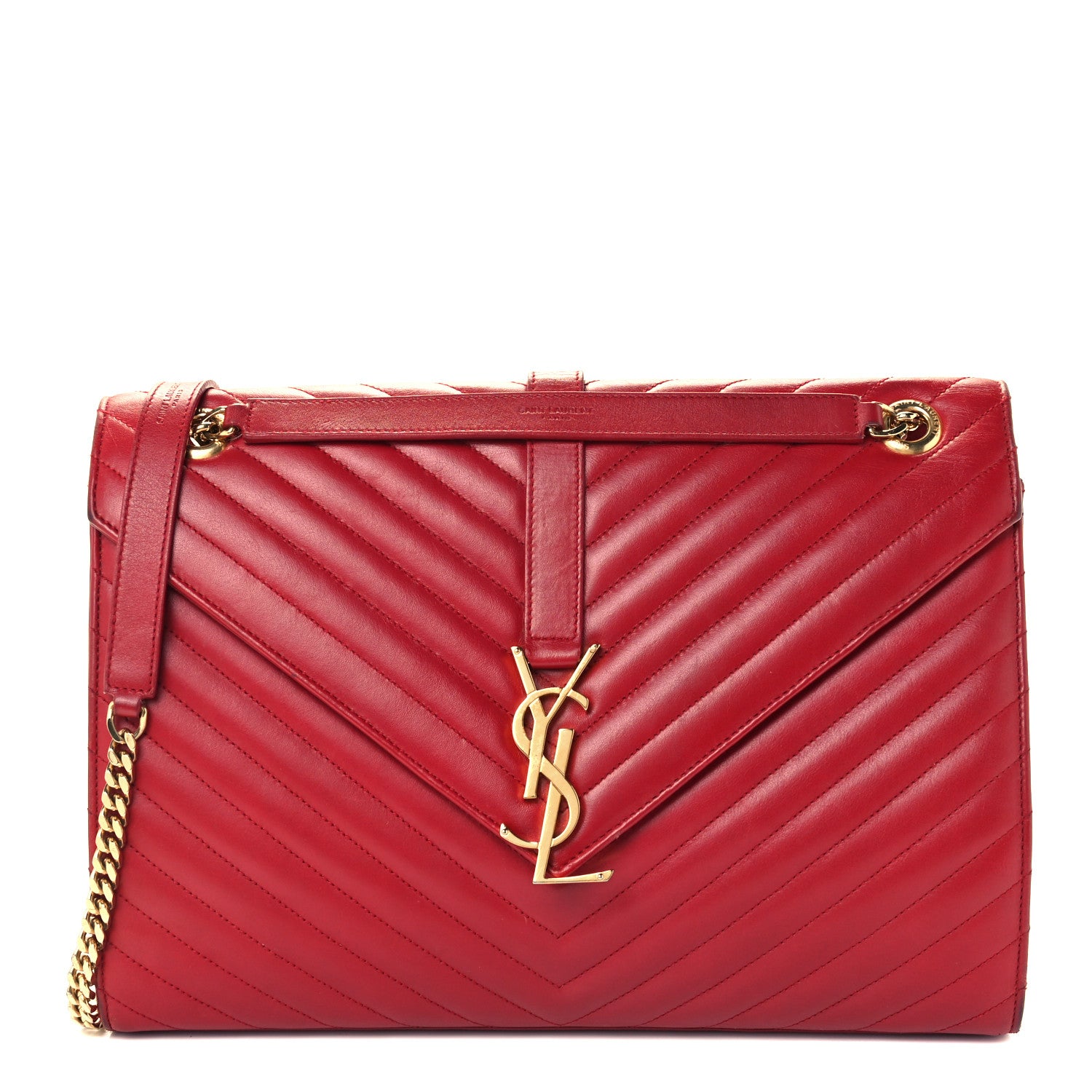 Saint Laurent Smooth Calfskin Matelasse Chevron Large Monogram Satchel Red 1 of 12