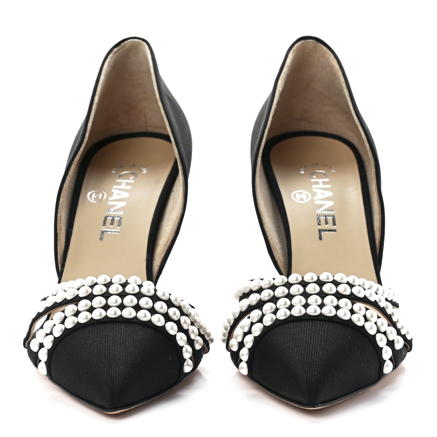 Chanel Satin Grosgrain Pearl Pumps 39 Black 2 of 7
