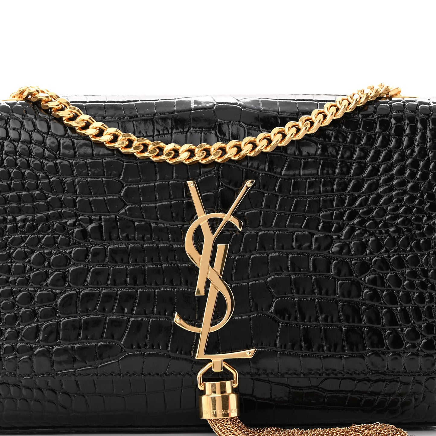 Calfskin Crocodile Embossed Small Classic Monogram Kate Tassel Satchel Black