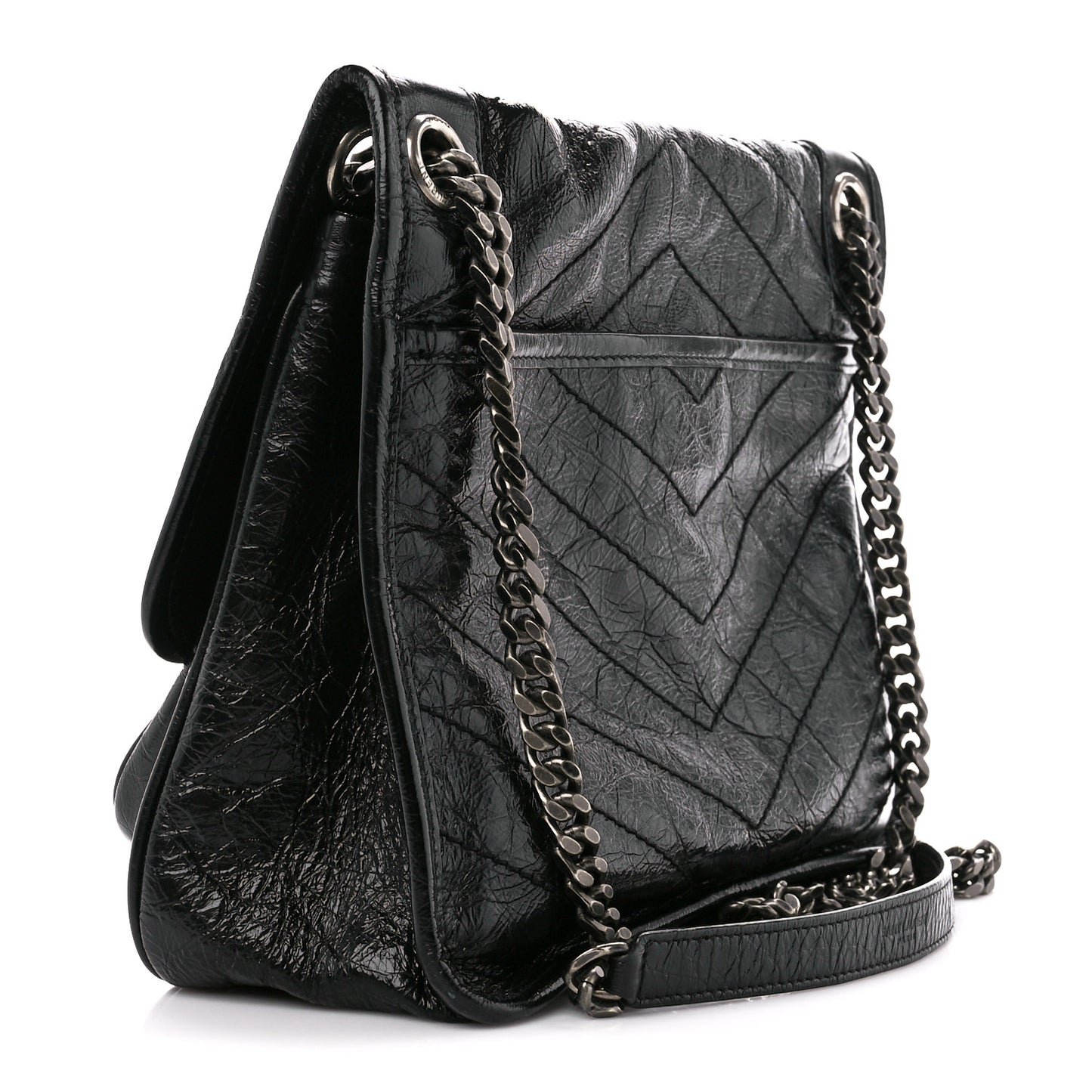 Crinkled Calfskin Matelasse Monogram Medium Niki Chain Satchel Black