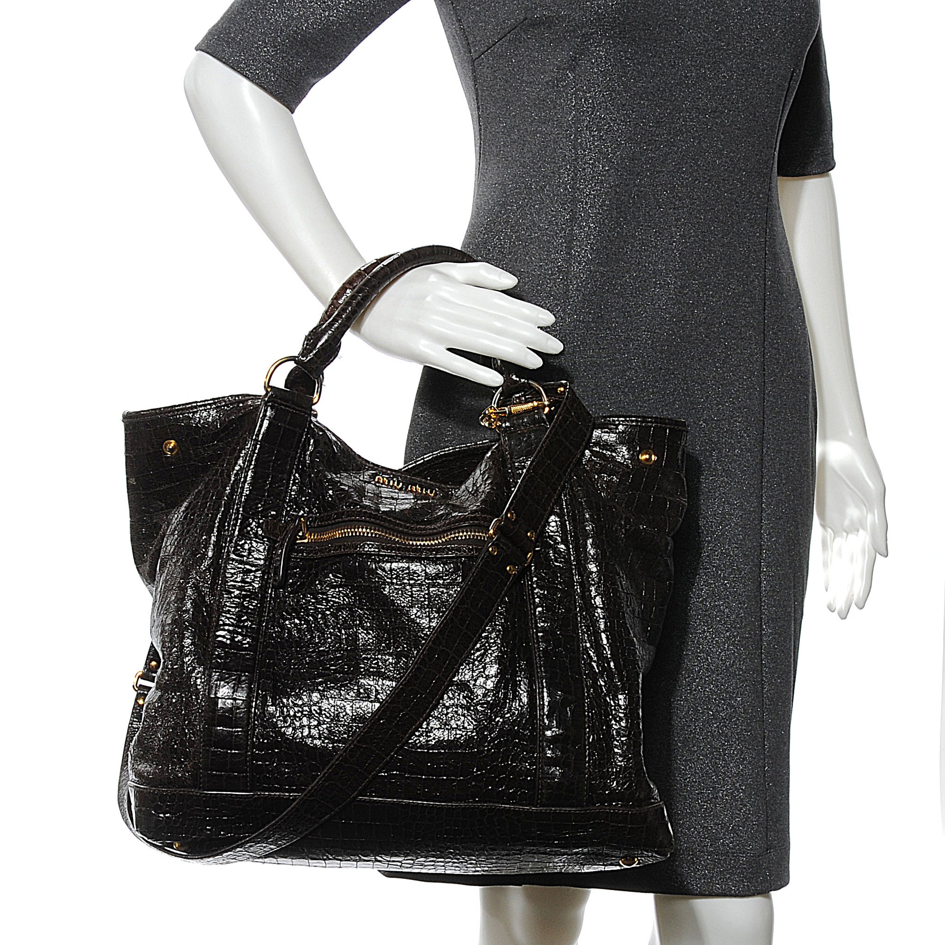 Miu Miu Calfskin Crocodile Embossed St Cocco Shopping Tote Moro 2 of 8