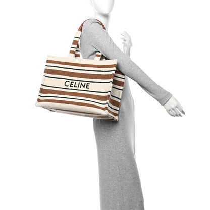 Celine Jacquard Striped Large Cabas Thais White Brown 2 of 12