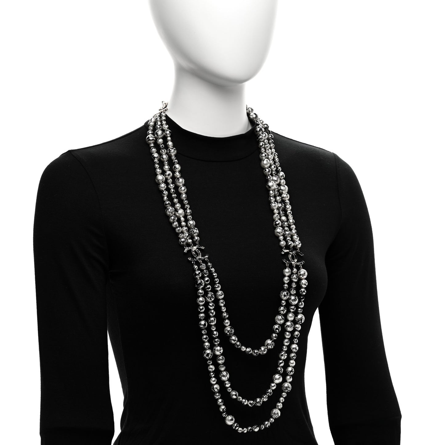 Pearl CC Graffiti 3 Strand Long Necklace Black Gold