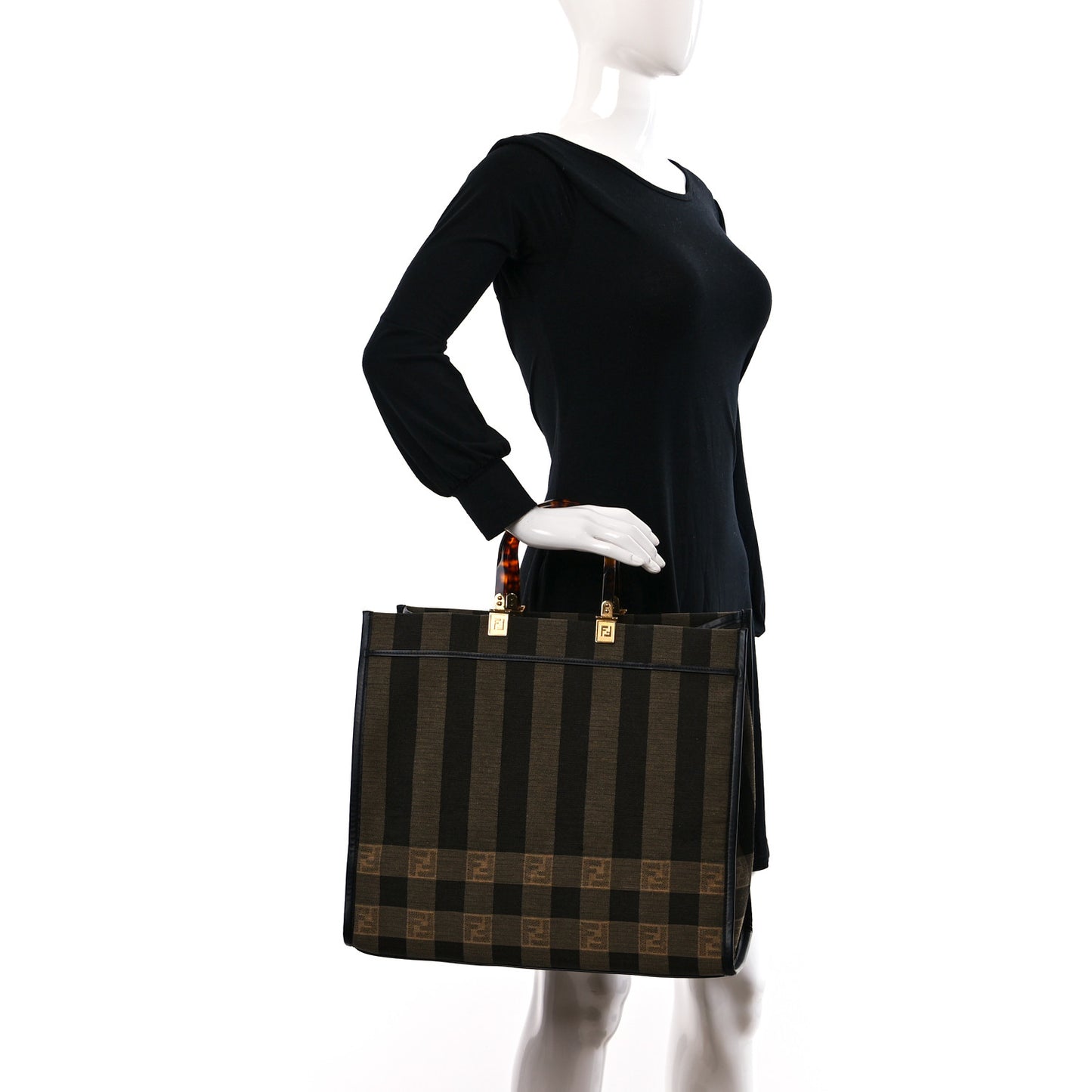 Fabric Jacquard Vitello Seta Plexiglass Pequin Gingham Large Fendi Sunshine Shopper Tote Tobacco Moro Black