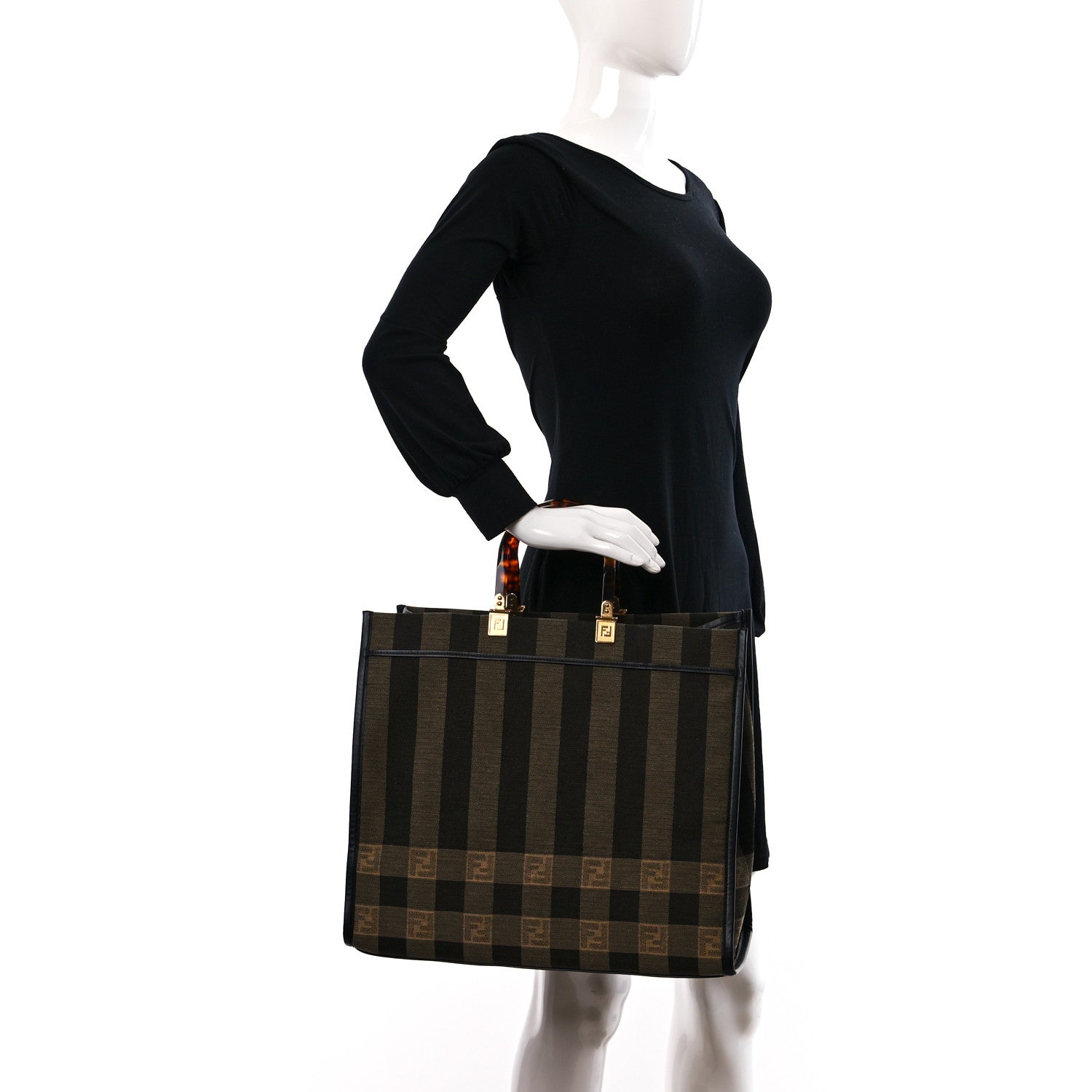 Fendi Fabric Jacquard Vitello Seta Plexiglass Pequin Gingham Large Fendi Sunshine Shopper Tote Tobacco Moro Black 2 of 14
