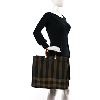 Fendi Fabric Jacquard Vitello Seta Plexiglass Pequin Gingham Large Fendi Sunshine Shopper Tote Tobacco Moro Black 2 of 14