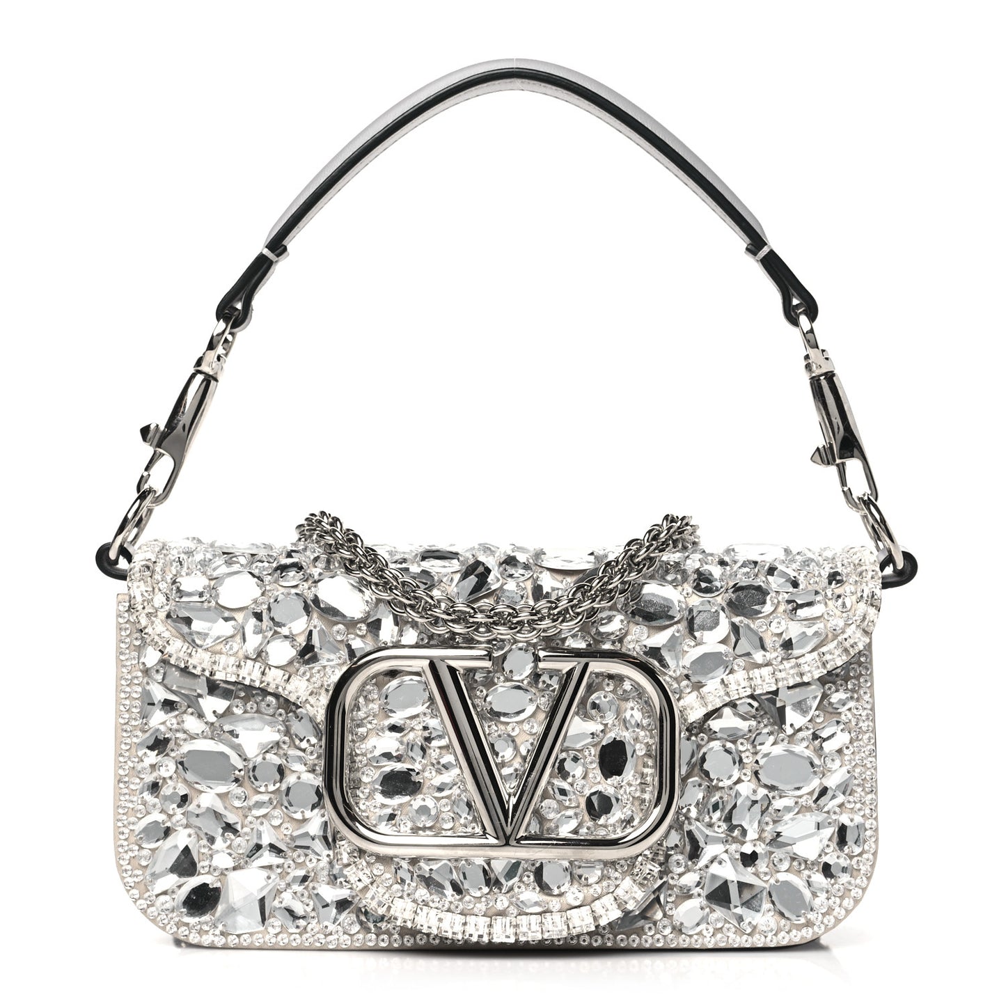 Crystal Nappa Enamel Vlogo Small Loco Shoulder Bag Silver