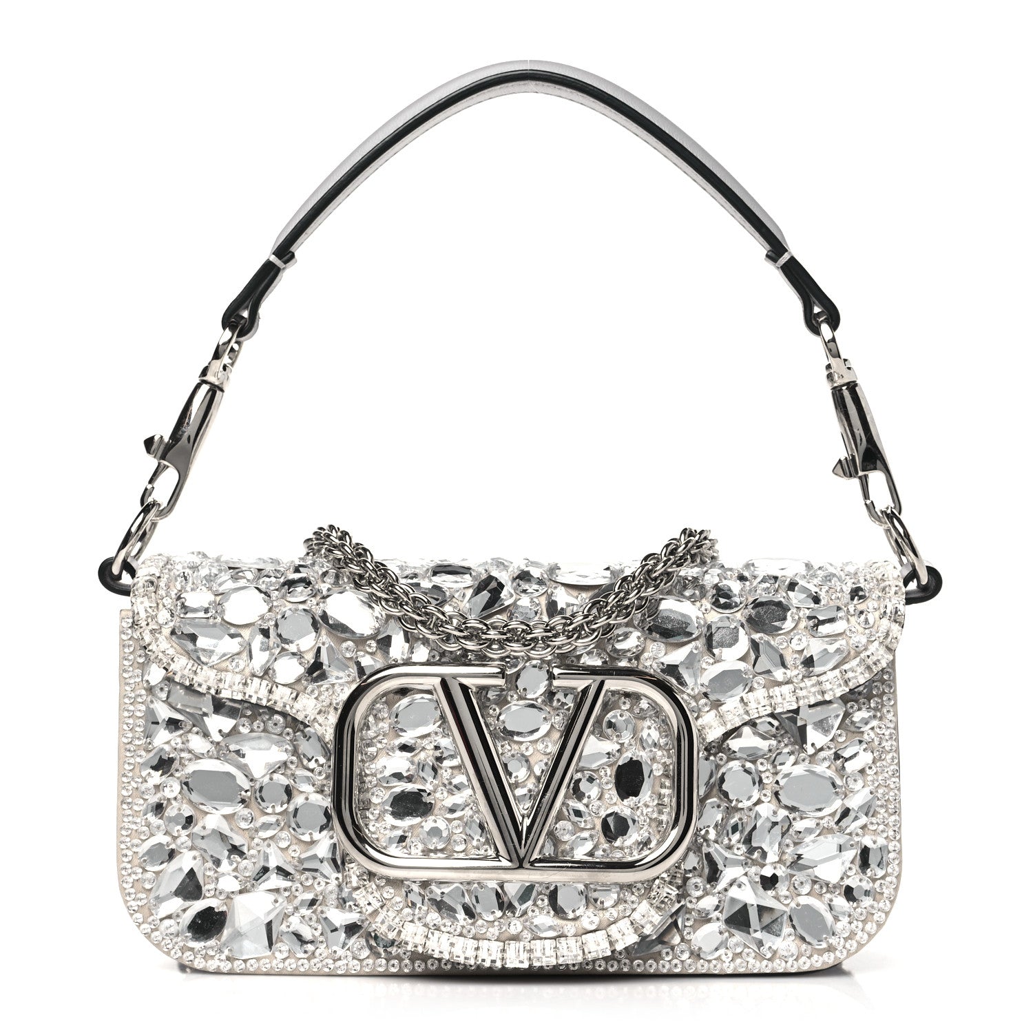 Valentino Garavani Crystal Nappa Enamel Vlogo Small Loco Shoulder Bag Silver 1 of 10