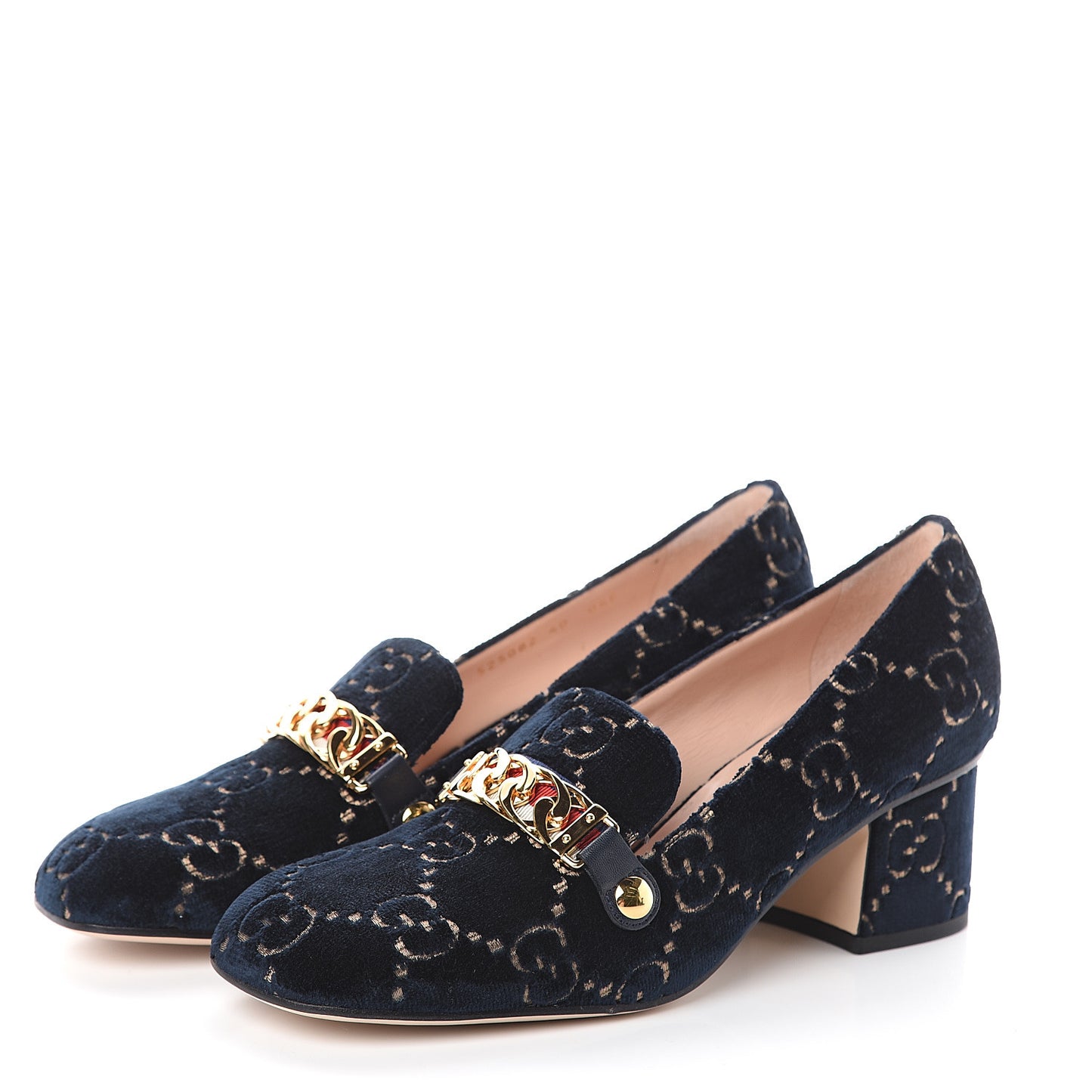 Velvet GG Monogram Sylvie Web Chain Mid Heel Loafers 40 Blue Beige