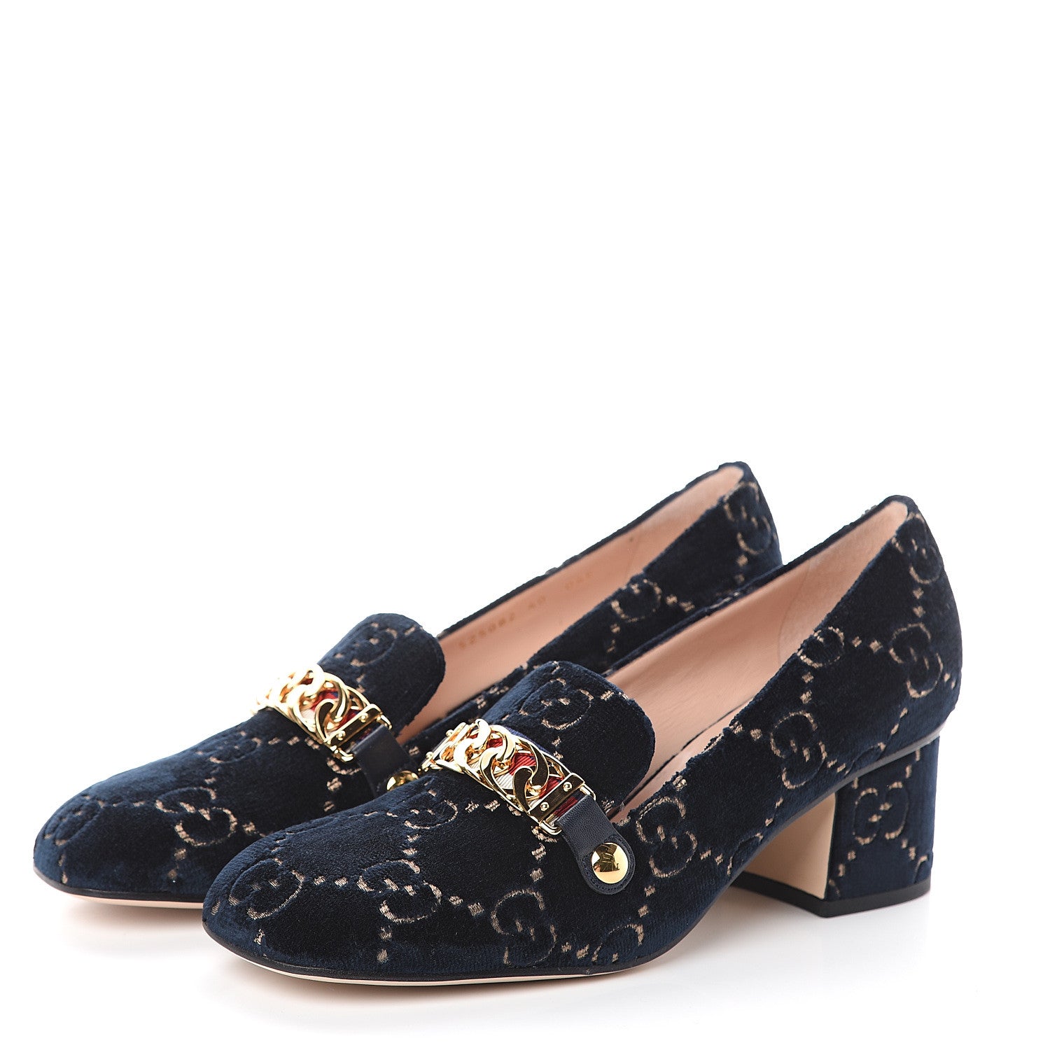 Gucci Velvet GG Monogram Sylvie Web Chain Mid Heel Loafers 40 Blue Beige 3 of 7