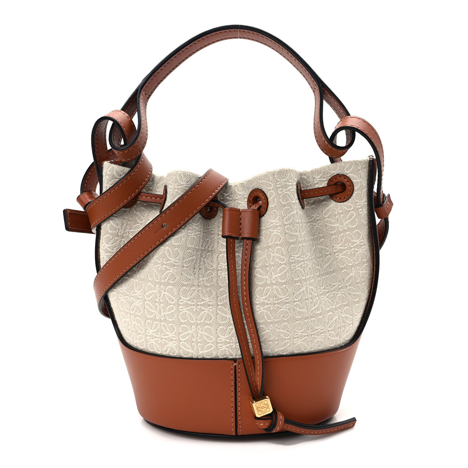 Loewe Calfskin Jacquard Linen Anagram Embroidered Mini Balloon Bucket Bag Ecru Tan 1 of 14