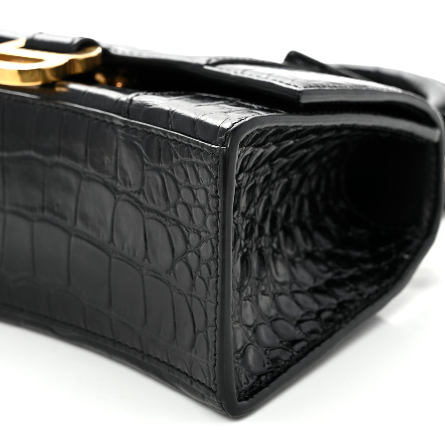 Balenciaga Shiny Calfskin Crocodile Embossed Hourglass Top Handle Bag XS Black 9 of 11
