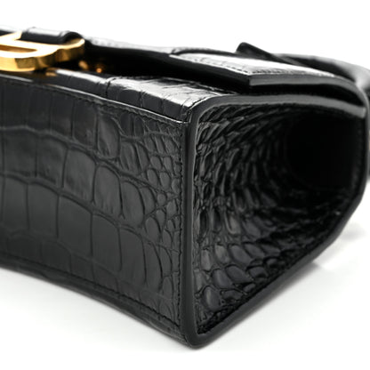 Balenciaga Shiny Calfskin Crocodile Embossed Hourglass Top Handle Bag XS Black 9 of 11