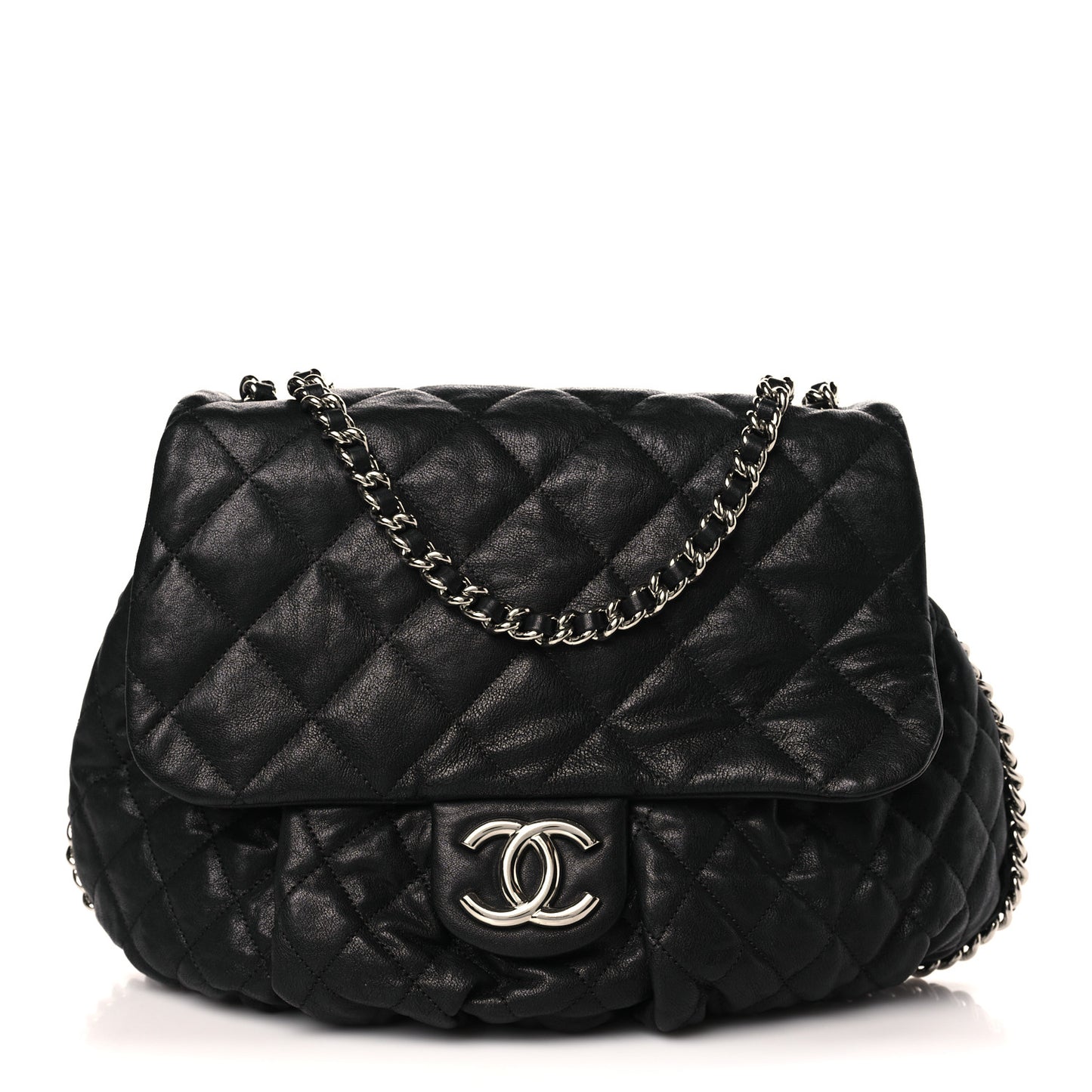 Washed Lambskin Quilted Large Chain Around Messenger Black