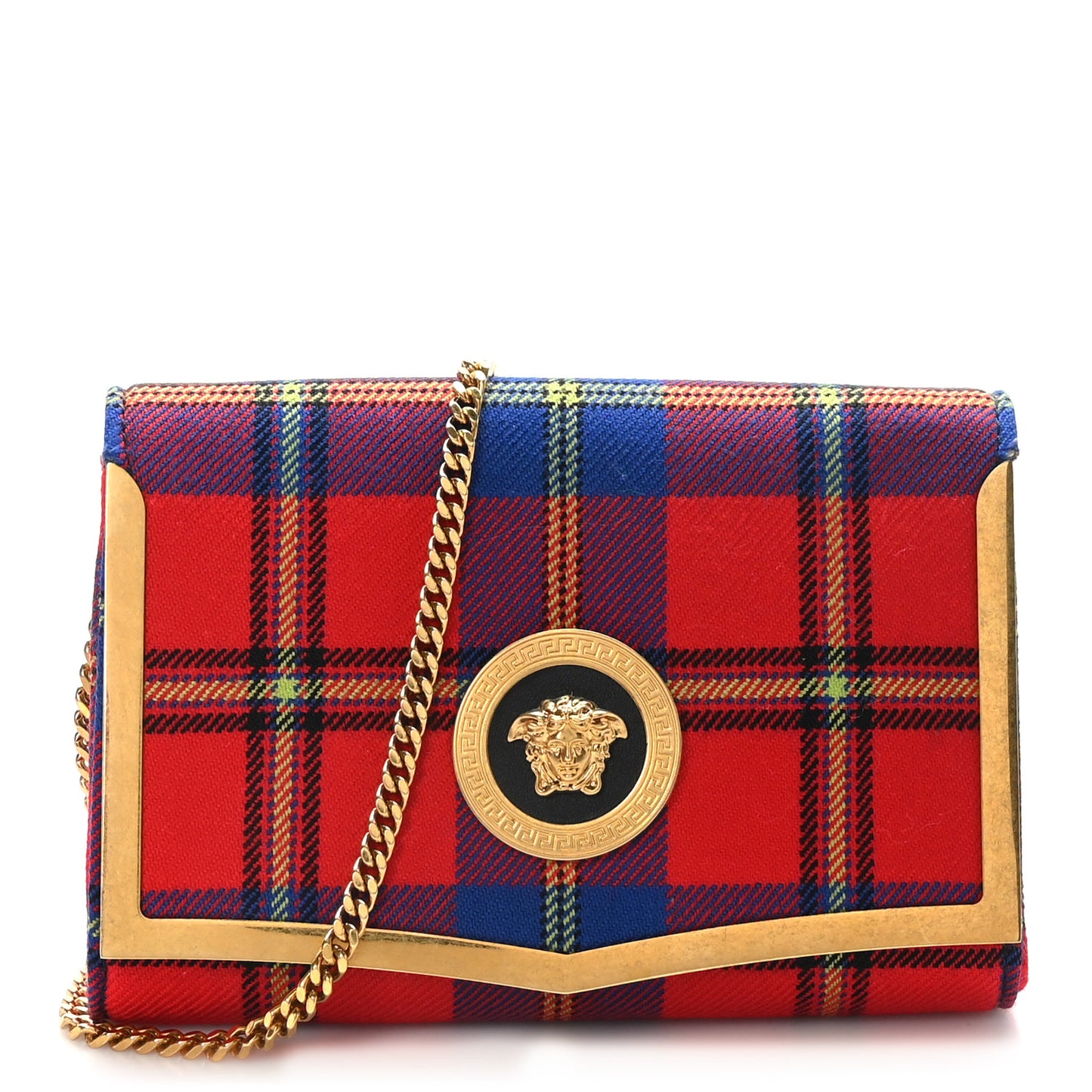 Calfskin Tartan Medusa Clutch On Chain Red