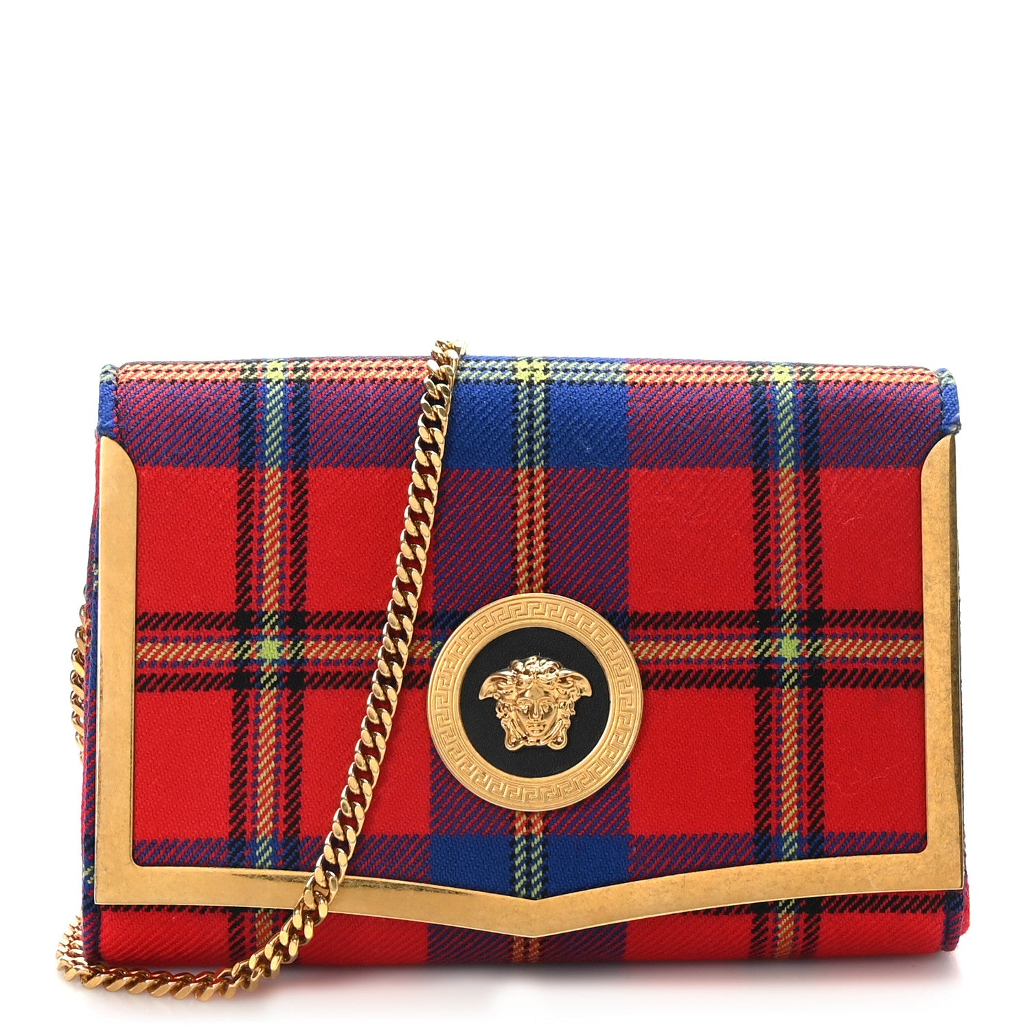 Versace Calfskin Tartan Medusa Clutch On Chain Red 1 of 8