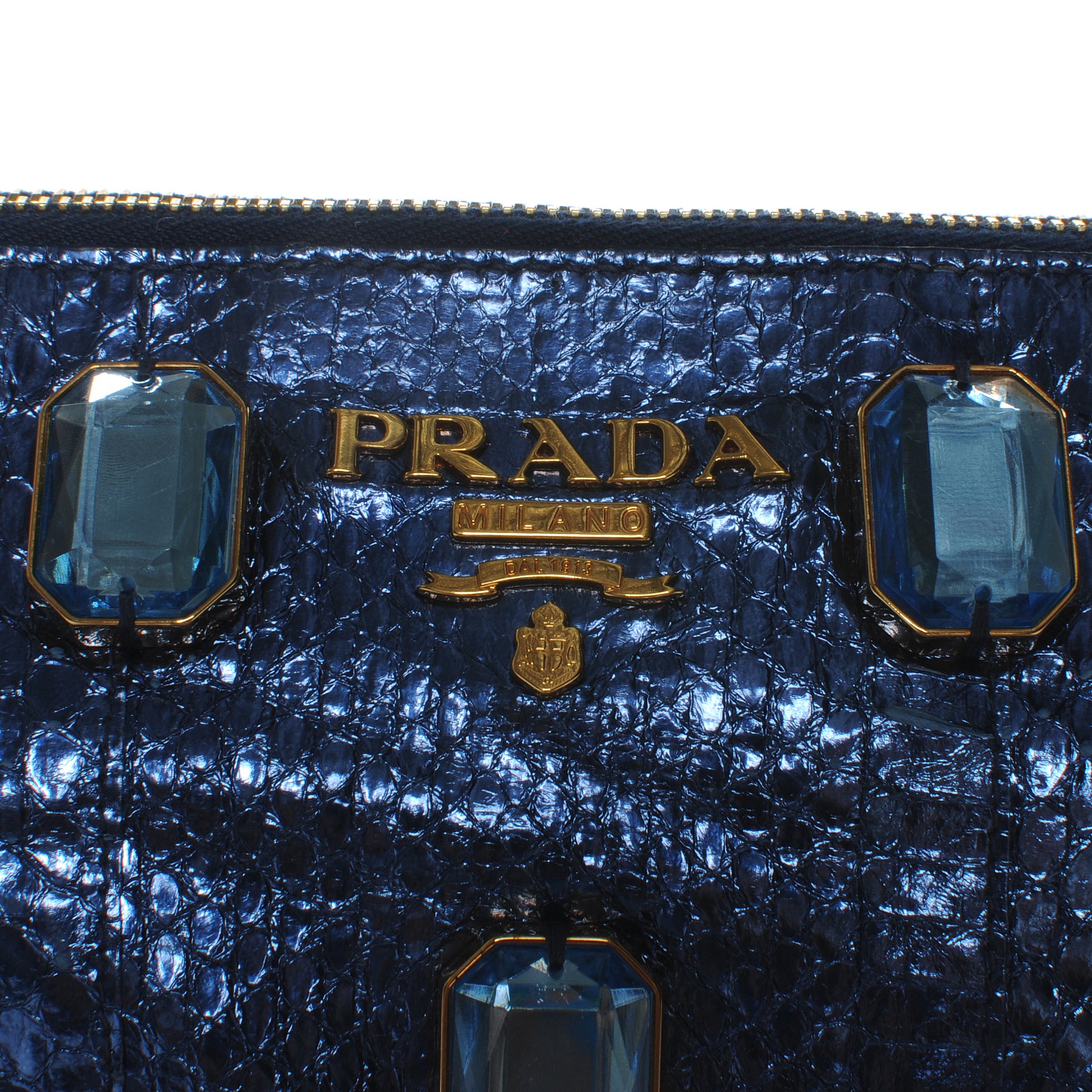 Prada Metallic Snakeskin Jeweled Clutch Denim 3 of 8