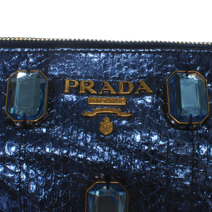 Prada Metallic Snakeskin Jeweled Clutch Denim 3 of 8