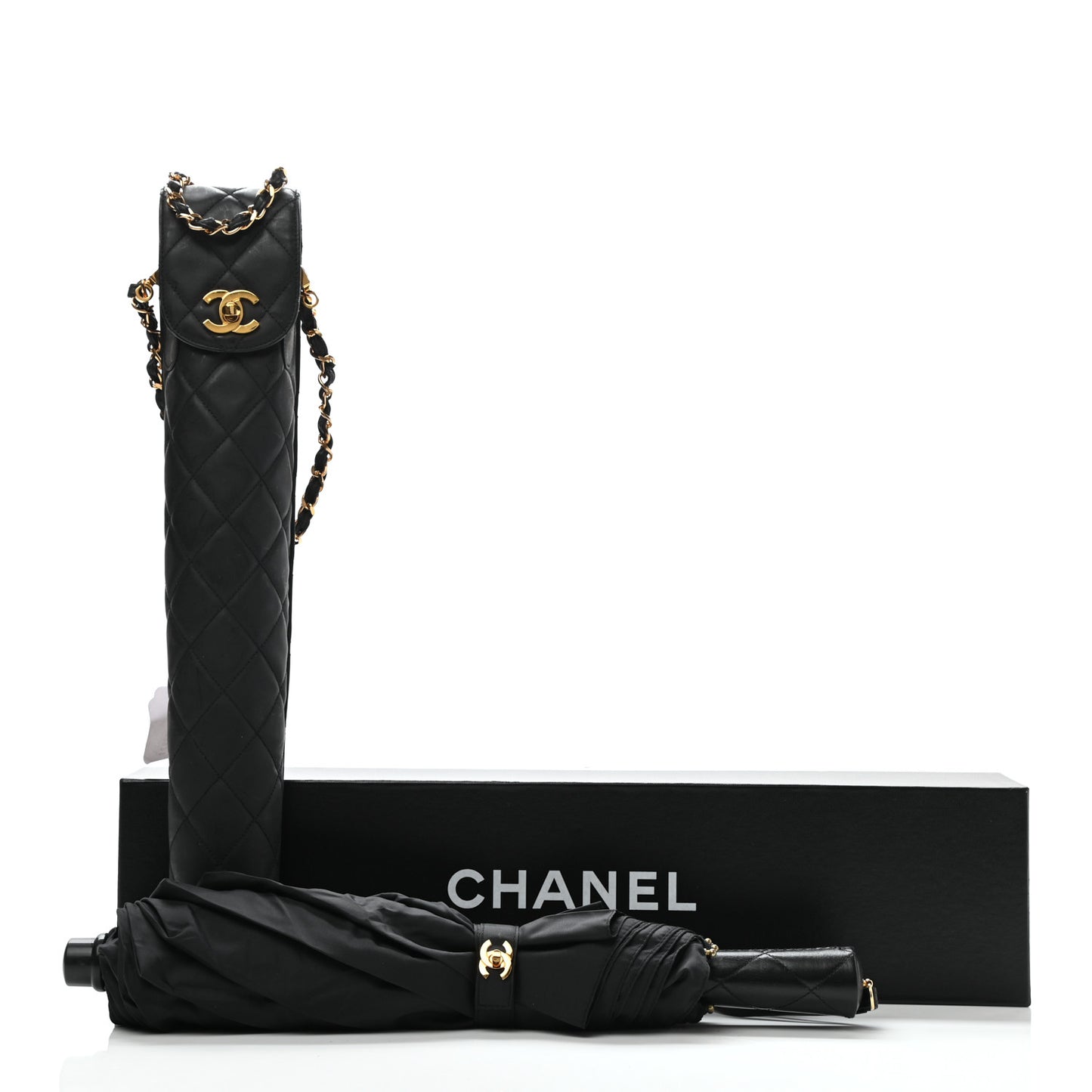 Nylon Lambskin Quilted Umbrella With Case Black