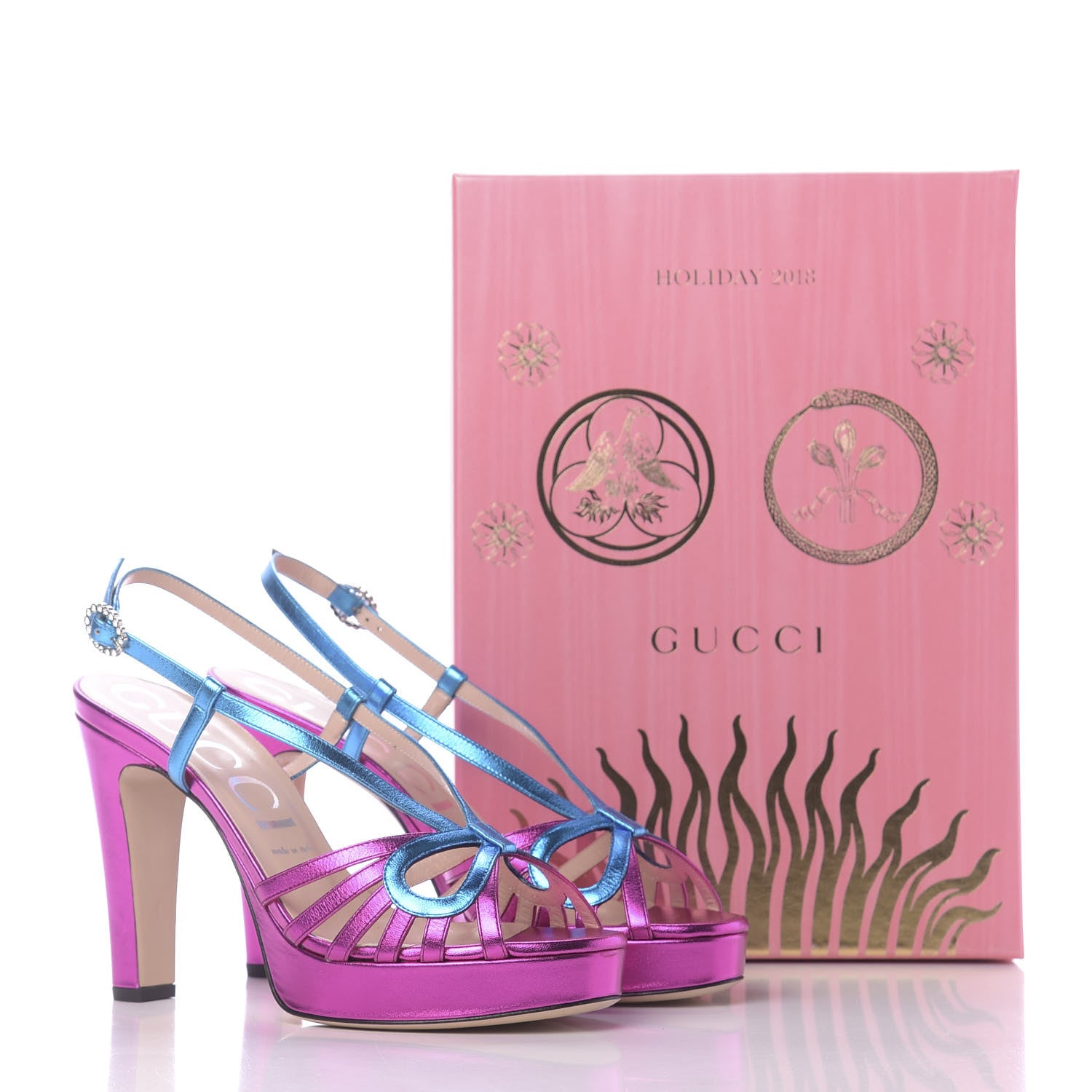 Gucci Metallic Nappa Crystal Zephyra Slingback Platform High Heel Sandals 40.5 Fuchsia Dark Turquoise 10 of 10