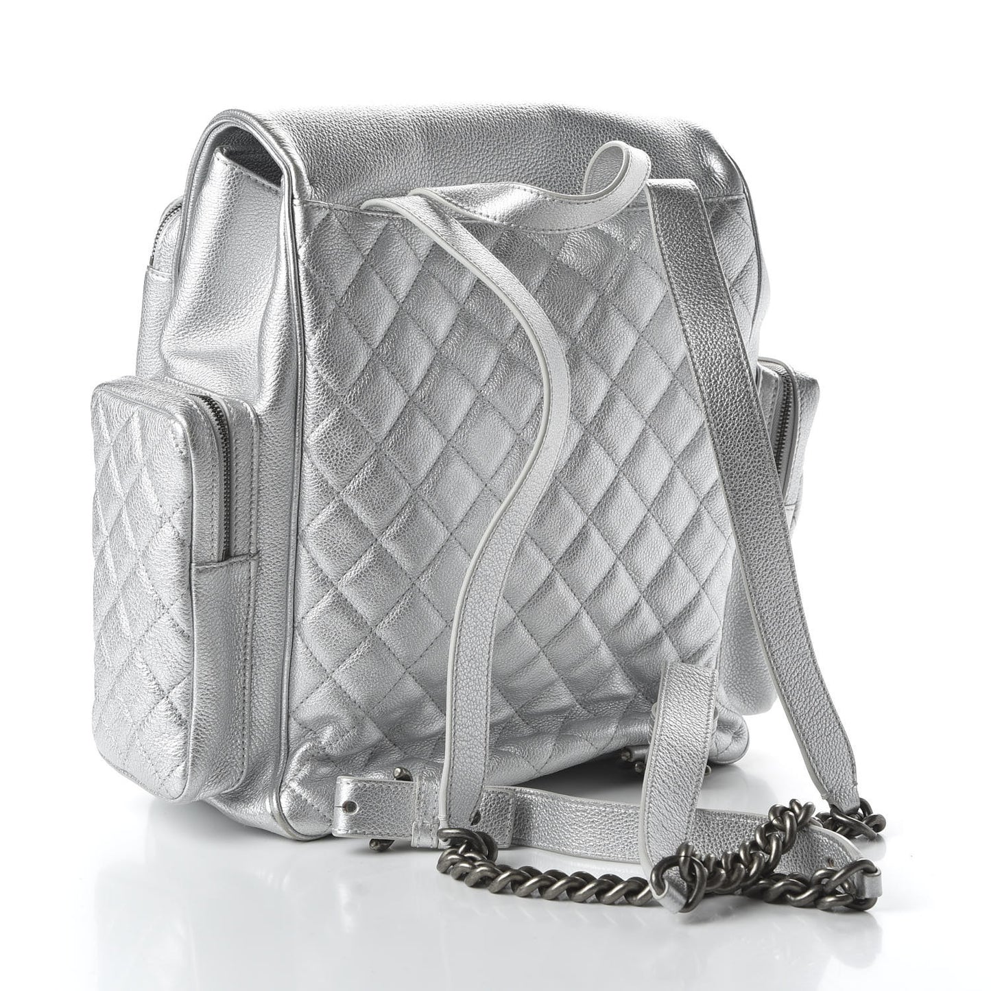 Metallic Grained Calfskin Quilted Large Casual Rock Backpack Silver