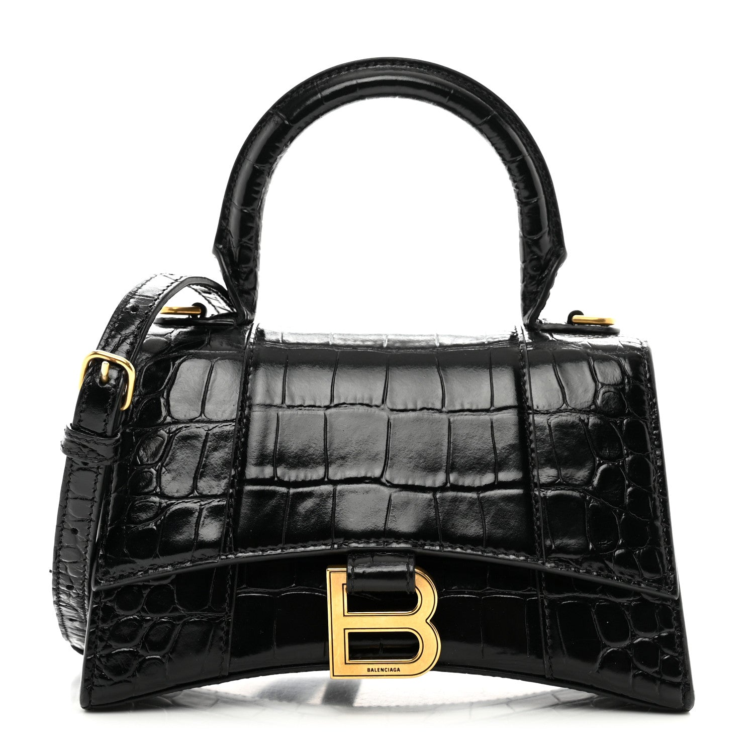 Balenciaga Shiny Calfskin Crocodile Embossed Hourglass Top Handle Bag XS Black 1 of 11