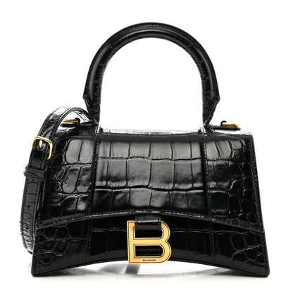 Balenciaga Shiny Calfskin Crocodile Embossed Hourglass Top Handle Bag XS Black 1 of 11