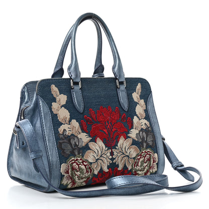 Alexander McQueen Denim Floral Embroidered Small Skull Padlock Zip Around Tote Blue Multicolor 2 of 8